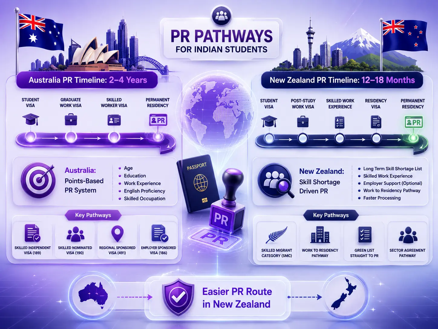 Futuristic vector infographic comparing PR pathways in Australia and New Zealand for Indian students, featuring PR timelines, points-based immigration system, skill shortage PR routes, visa roadmap graphics, work permits, immigration stamps, and glowing pathway arrows.