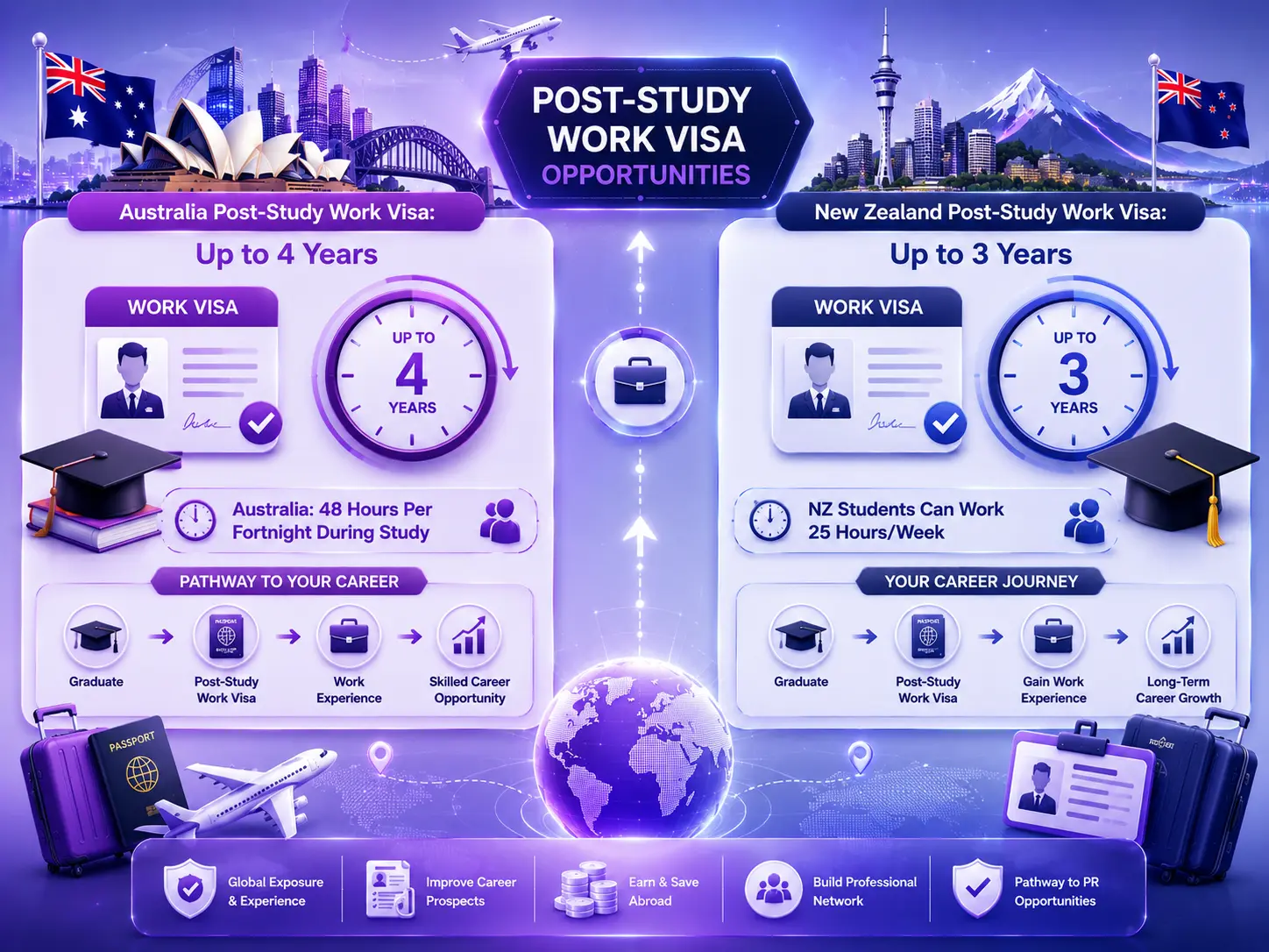 Modern 3D vector infographic comparing post-study work visa opportunities in Australia and New Zealand for international students, including visa duration clocks, work permits, graduation caps, airplane travel icons, career pathway arrows, and student work rights comparison.