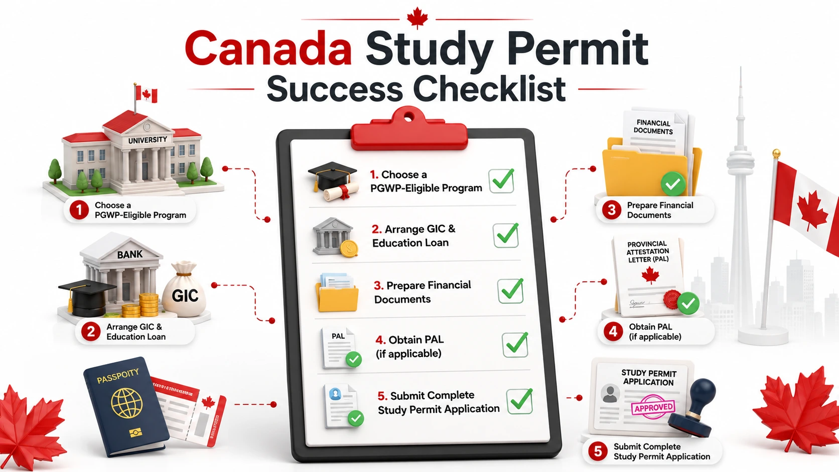 Premium isometric checklist infographic illustrating the Canada Study Permit application process, including choosing a PGWP-eligible program, arranging a GIC and education loan, preparing financial documents, obtaining a Provincial Attestation Letter (PAL), and submitting a complete study permit application.